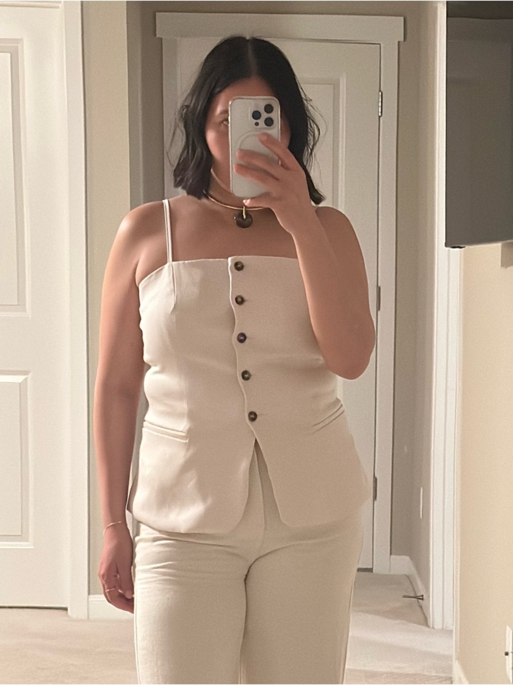 Cream Button-Front Spaghetti Strap Camisole Top